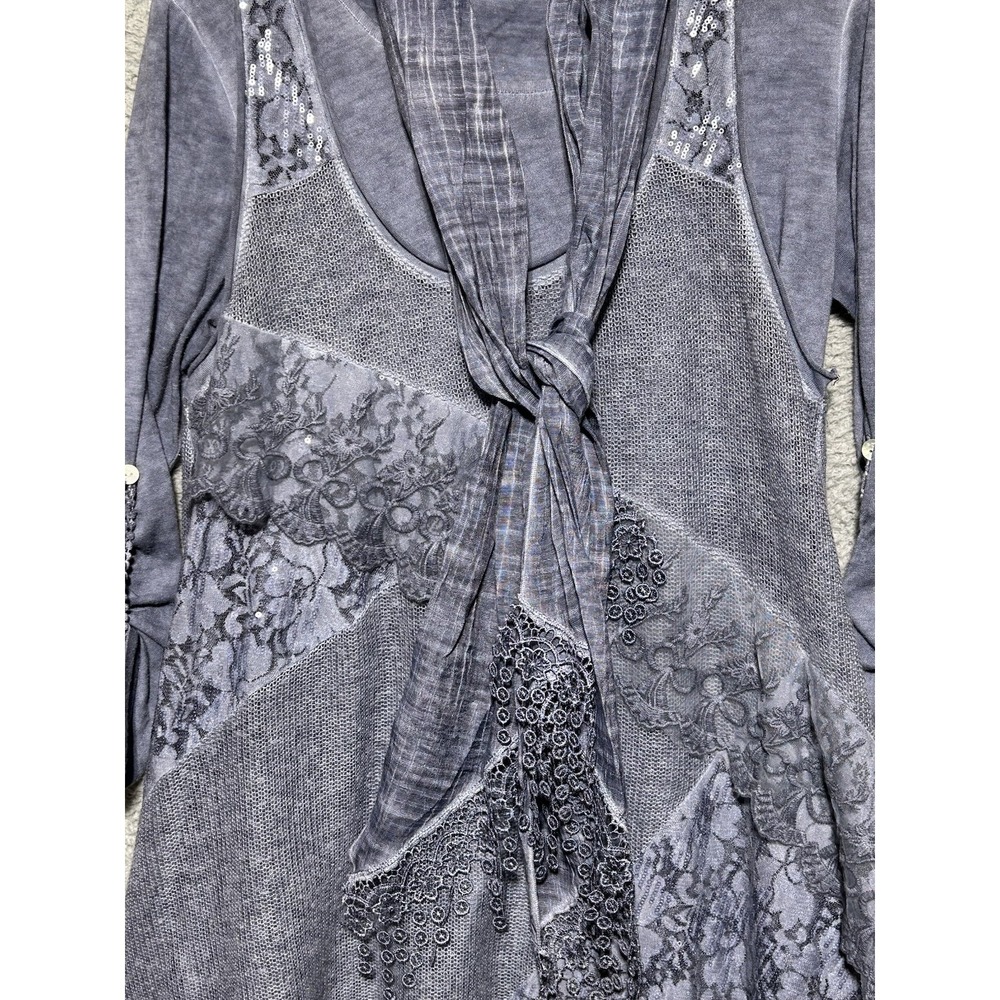 Simply Couture Tunic Set 3 Pc Blue Knit Layered Lace Scarf Sz L Boho Lagenlook - Picture 5 of 7